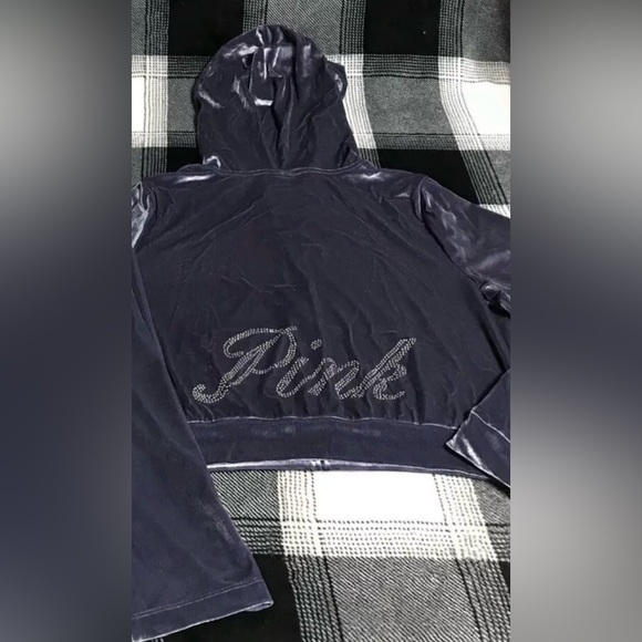 Victoria Secret Pink Bling Velour Shine Full-zip Crop Hoodie Midnight Navy Xl - Picture 5 of 9